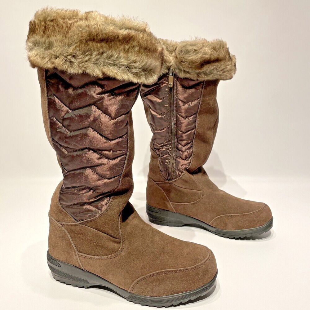 NWOB Lands’ End Sophia Tall Zip Snow Winter Boots Brown Suede Fur Women’s Size 8 - Picture 2 of 8
